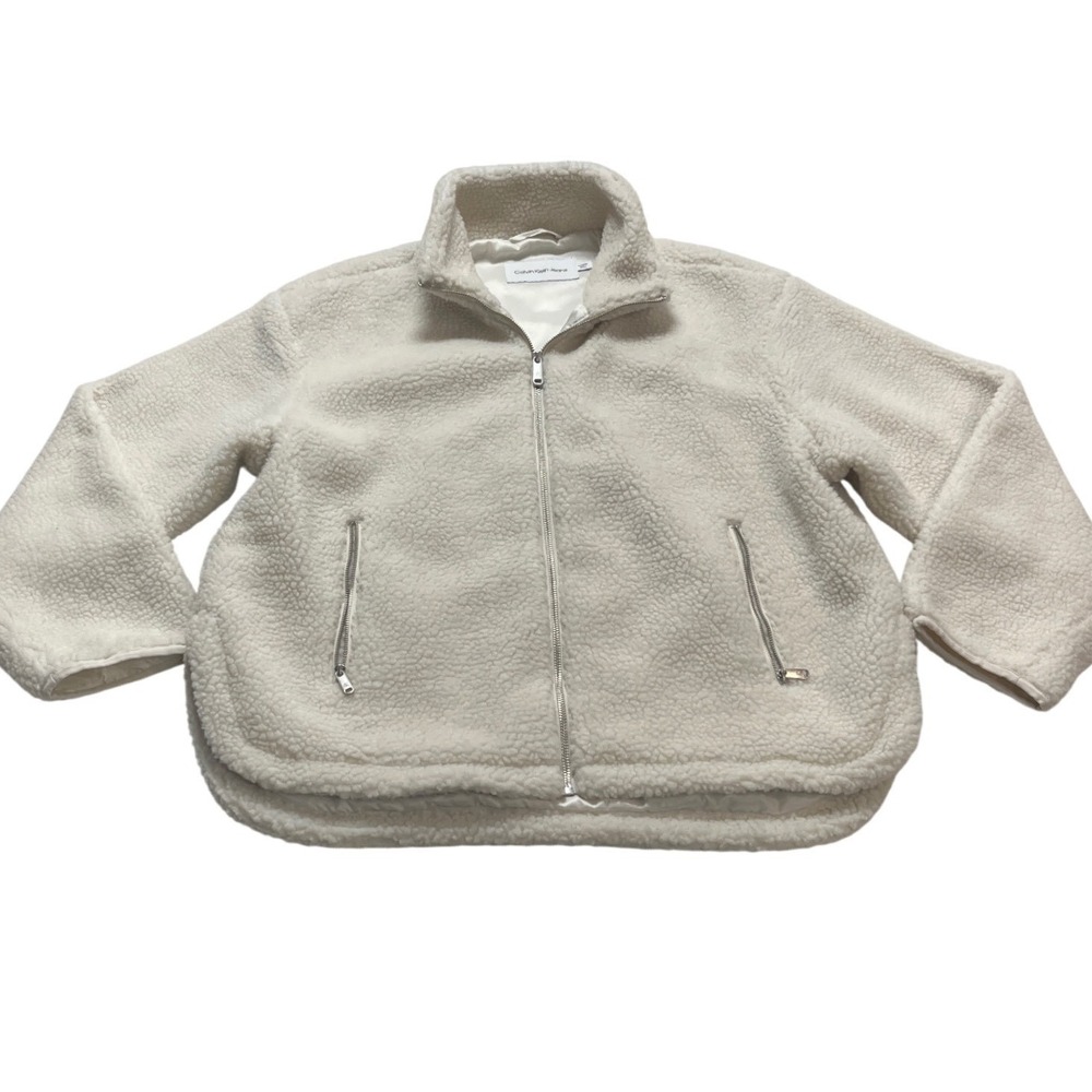 Calvin Klein Jeans Womens XL Cream Sherpa Fleece Full Zip Teddy Jacket Lined